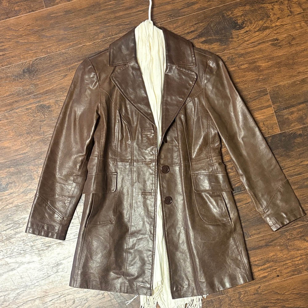 a.n.a Women's Chocolate Leather midi trench style Jacket